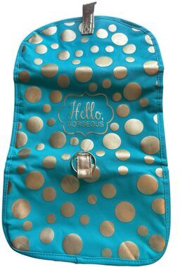 Hello Gorgeous aqua w/gold polka dot trifold makeup bag